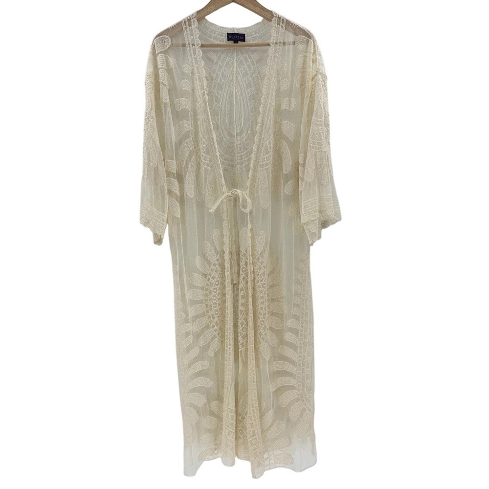 Artesia Ivory Lace Sheer Mesh Kimono Duster  Cover Sz XL Boho Artsy Wedding